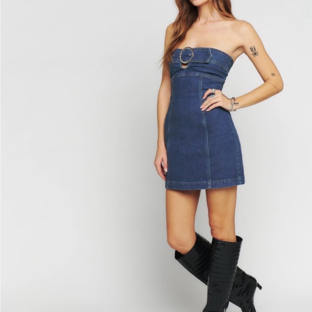 Reformation Blue Denim Strapless Dress